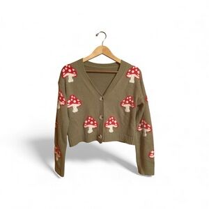 Whimsical Green and Red Mushroom Cardigan Sweater Women’s Size Large